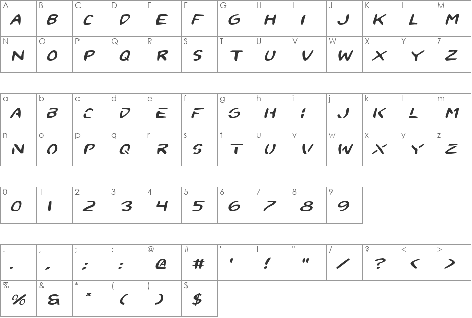 2Toon Expanded Italic font character map preview