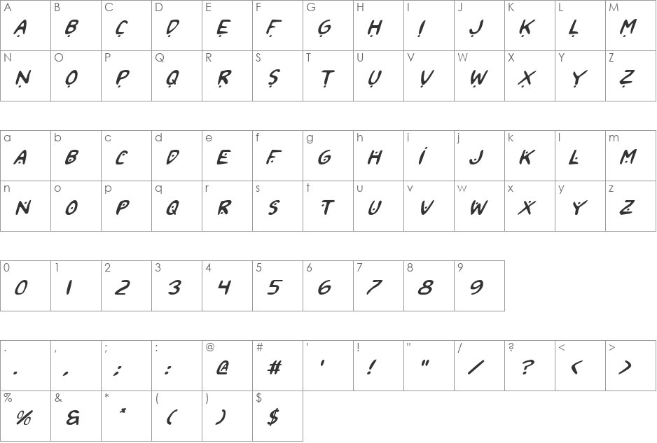 2Toon2 Expanded Italic font character map preview