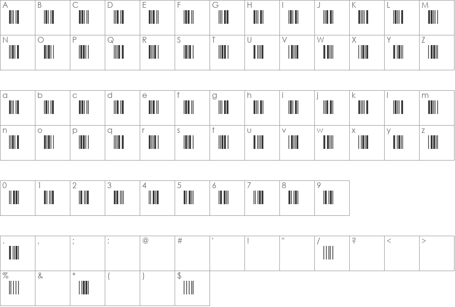 3 of 9 Barcode font character map preview