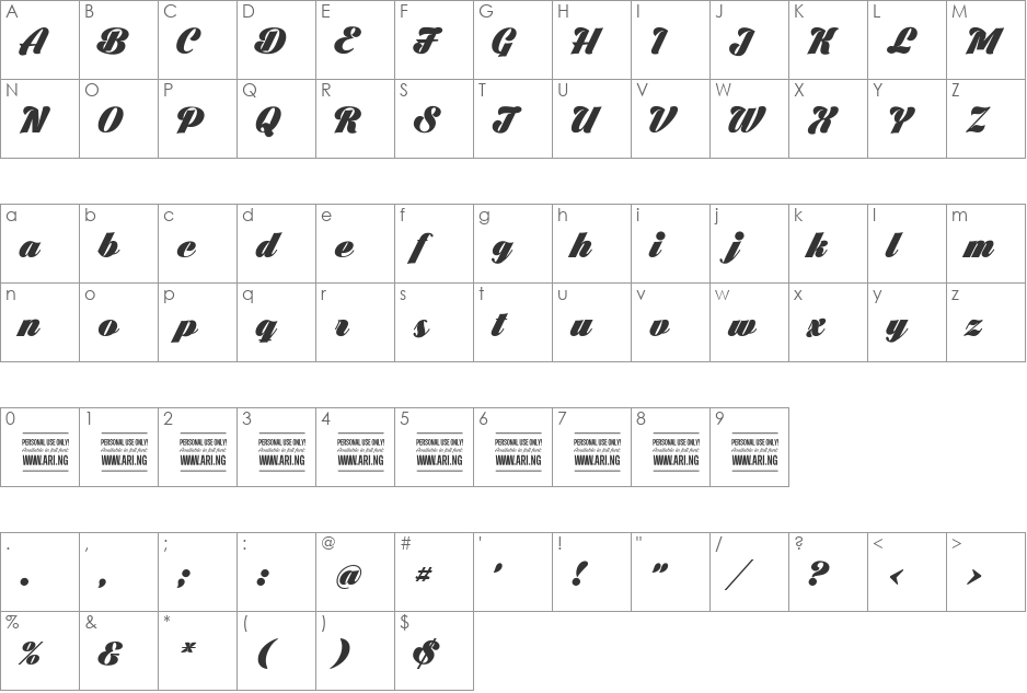 Black Larch PERSONAL USE ONLY font character map preview