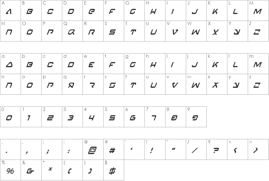 4114 Blaster Condensed Italic font character map preview