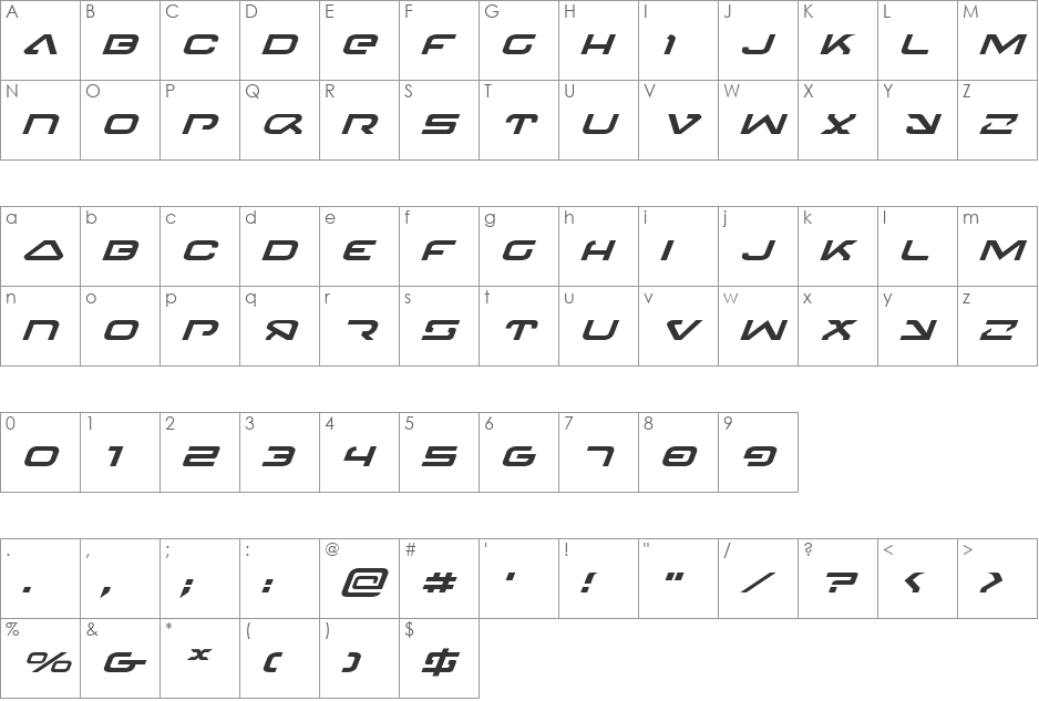 4114 Blaster Expanded Italic font character map preview
