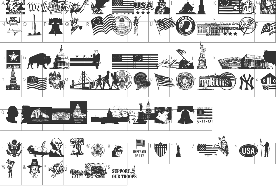4th of July Reflections font character map preview