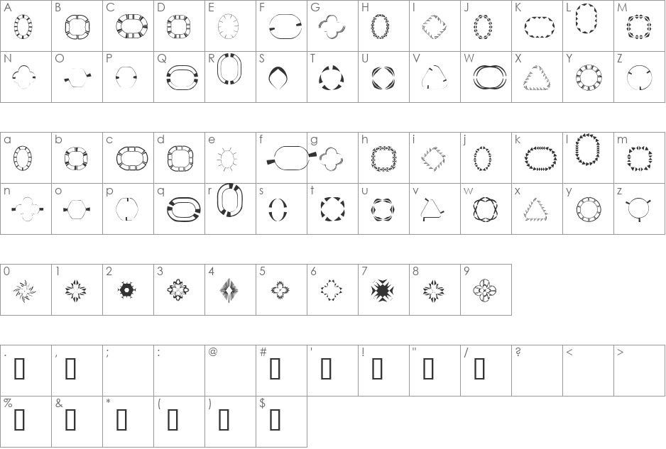 4YEOframes font character map preview