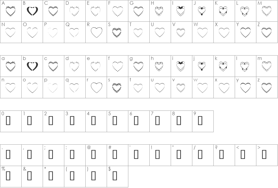 4YEOhearts font character map preview