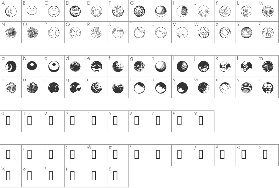 52 Sphereoids font character map preview