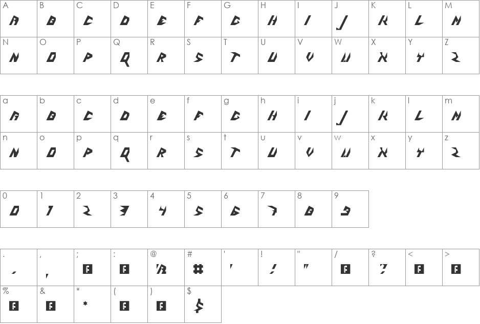 5Zlash font character map preview