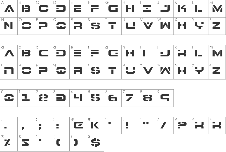 7th Service font character map preview