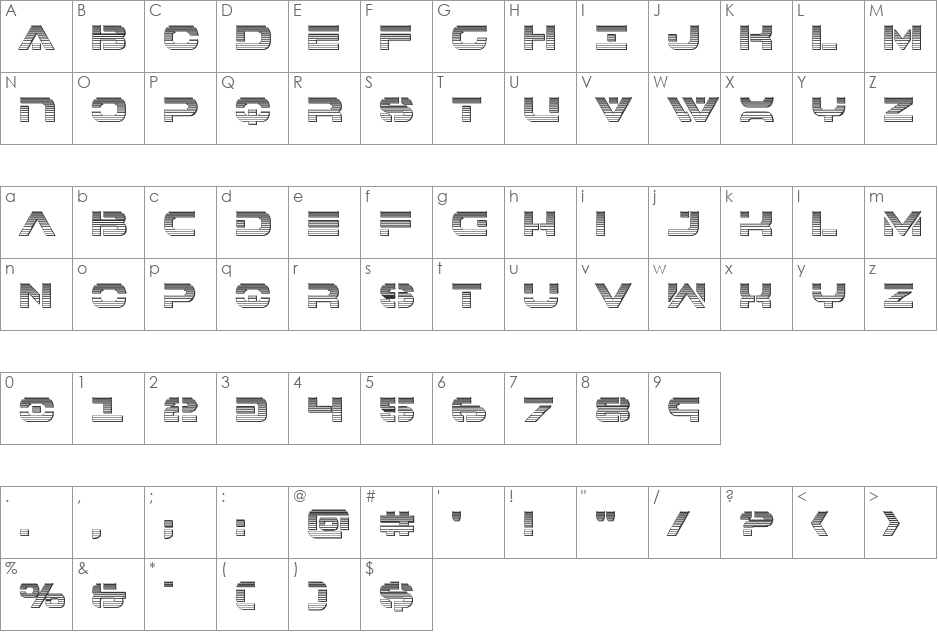 7th Service Chrome font character map preview