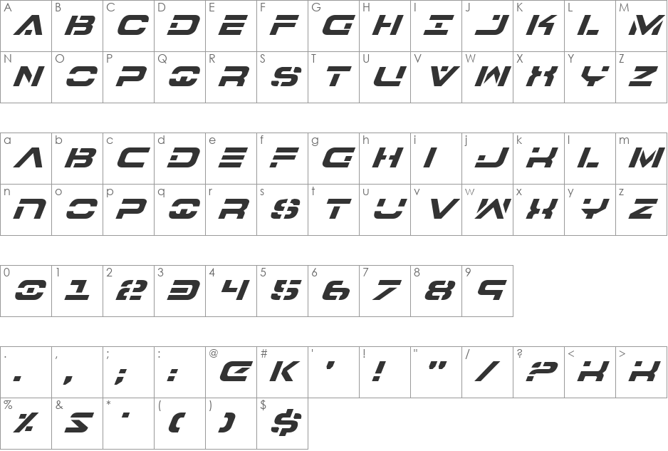 7th Service Italic font character map preview