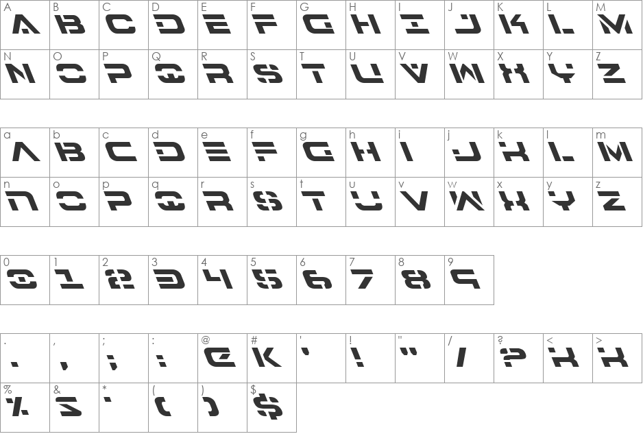 7th Service Leftalic font character map preview