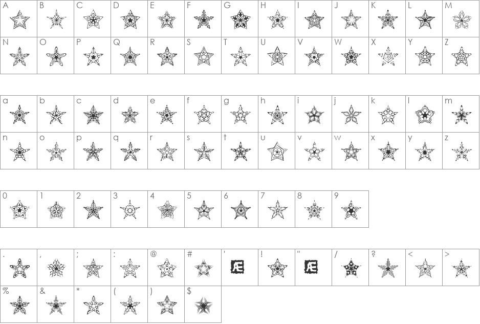 90 Stars BRK font character map preview
