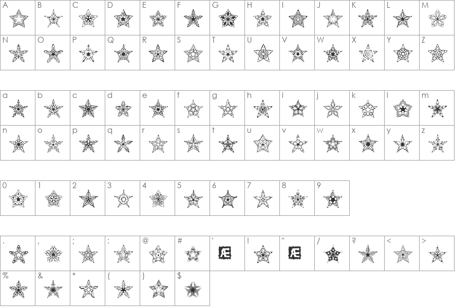90 Stars BRK font character map preview