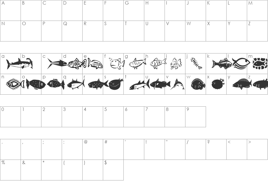 AEZ my pet fish font character map preview
