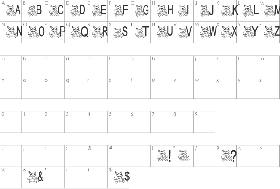 AEZ owlness font character map preview