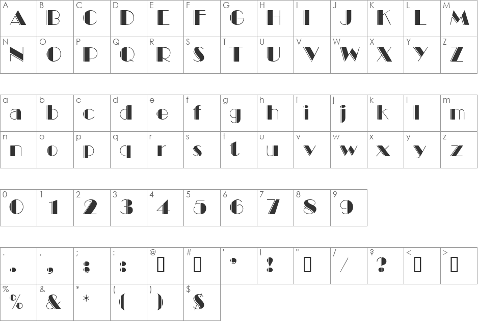 BlackTieEngravedDisplaySSi font character map preview