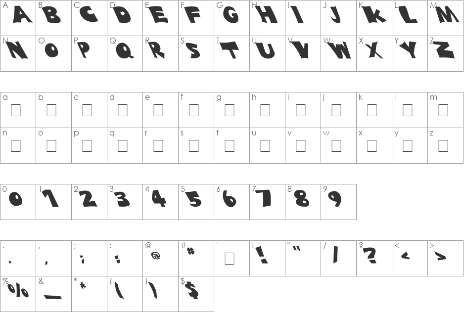 BLADES Extreme Lefty font character map preview
