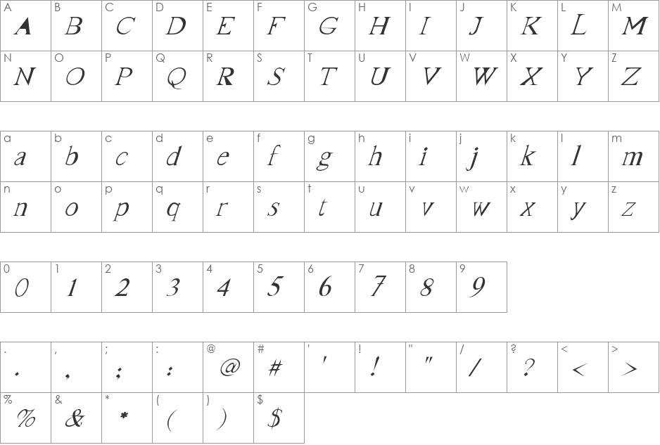 Blankboxer-Italic font character map preview