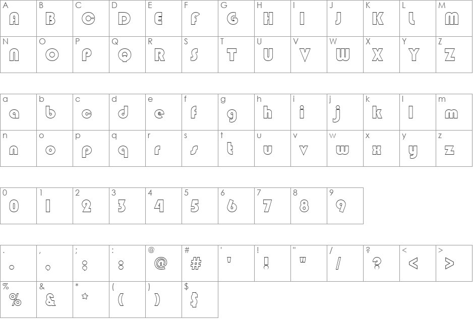 Blippo Becker Outline font character map preview