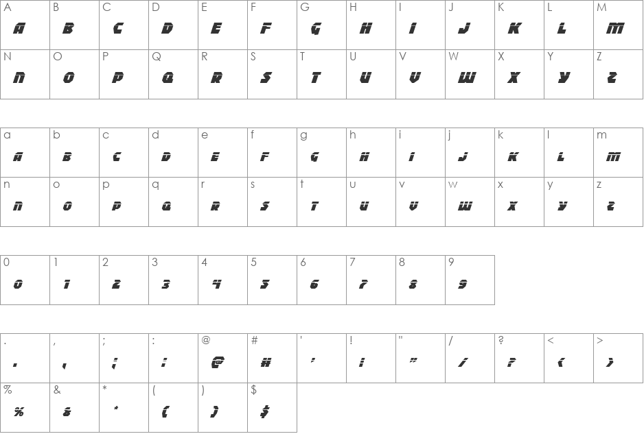 Blitzstrike Laser Italic font character map preview