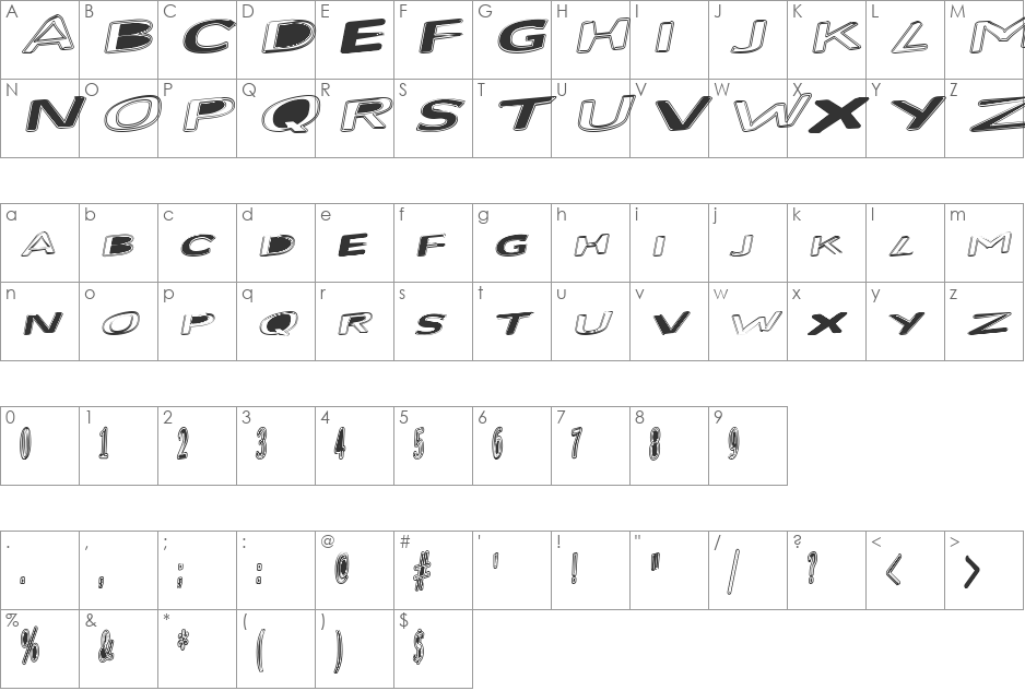 Bloated font character map preview