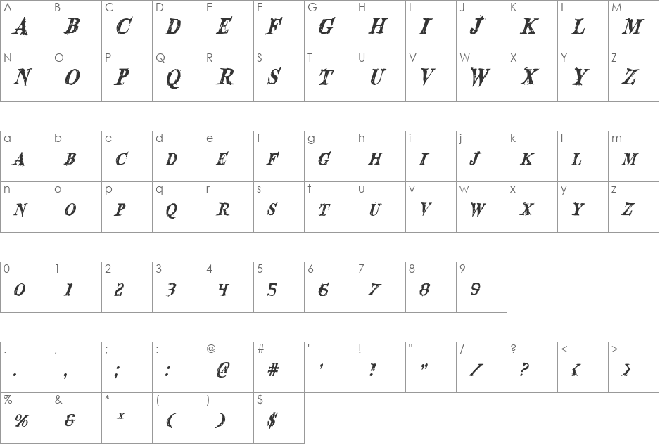 Blood Crow Condensed Italic font character map preview