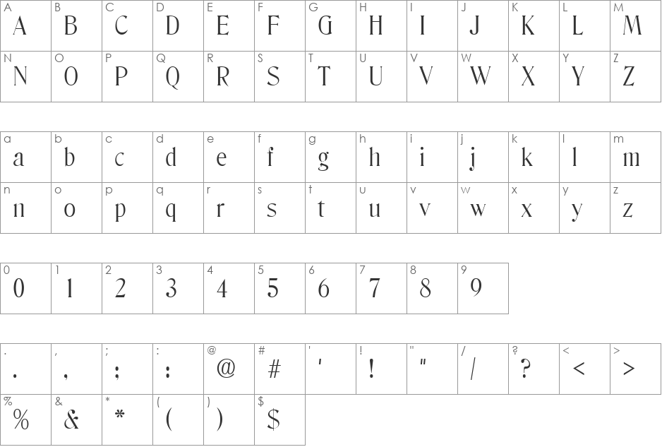 Blue Ridge Light SF font character map preview