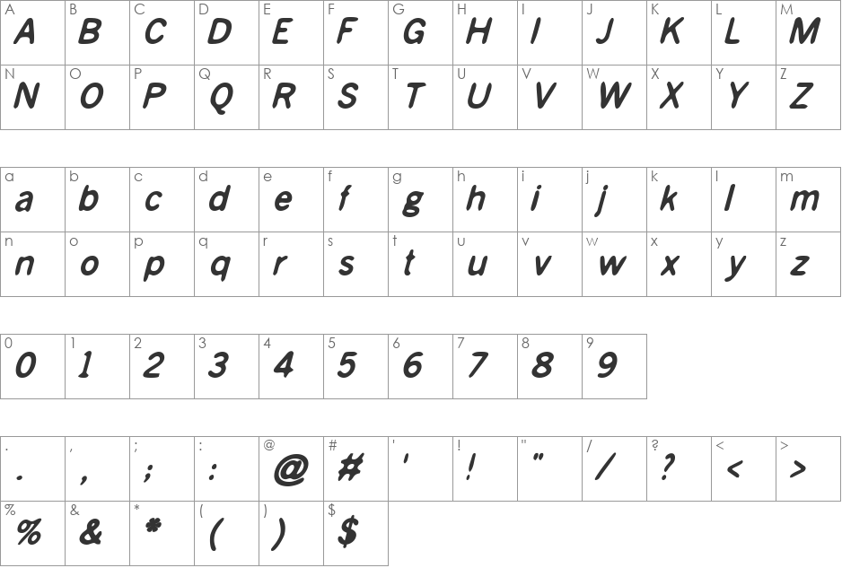 BlueBond-Oblique font character map preview