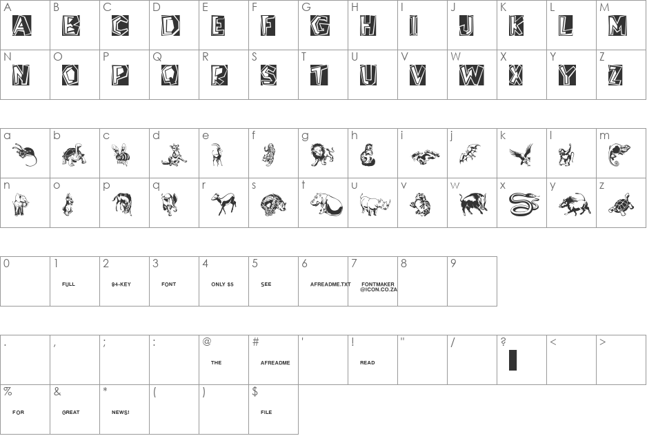 Afrika Phunny Phauna Demo font character map preview