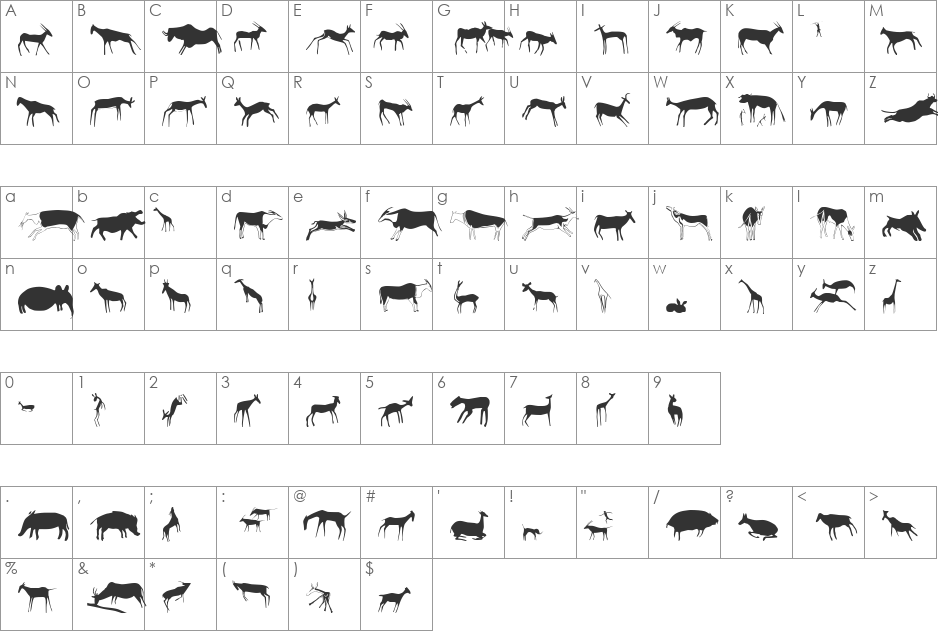 Afrika RockArt F Animals1 font character map preview