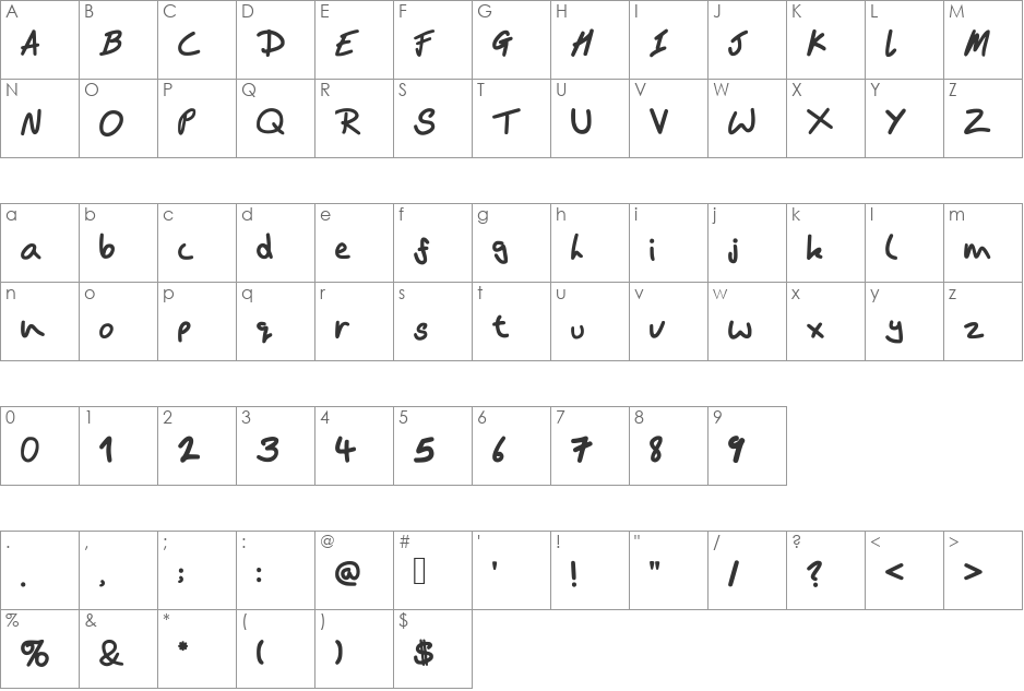 BMHand font character map preview