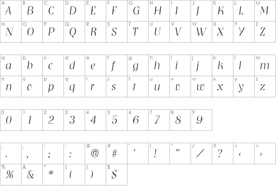 BobBecker-ExtraLight font character map preview