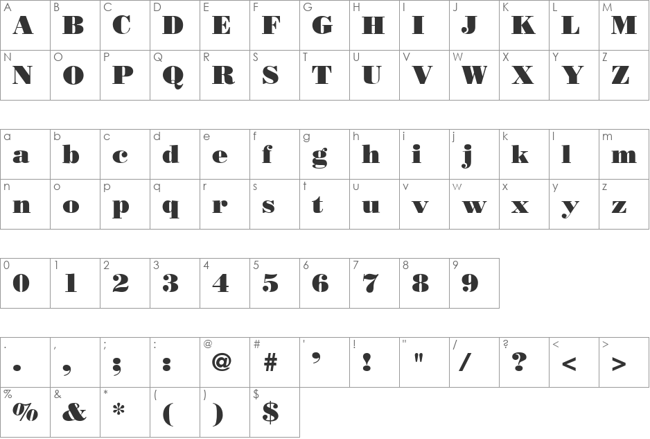 Bodnoff font character map preview