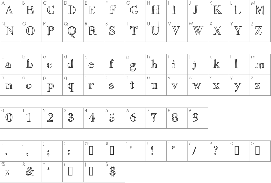 BodonFriz,96 font character map preview