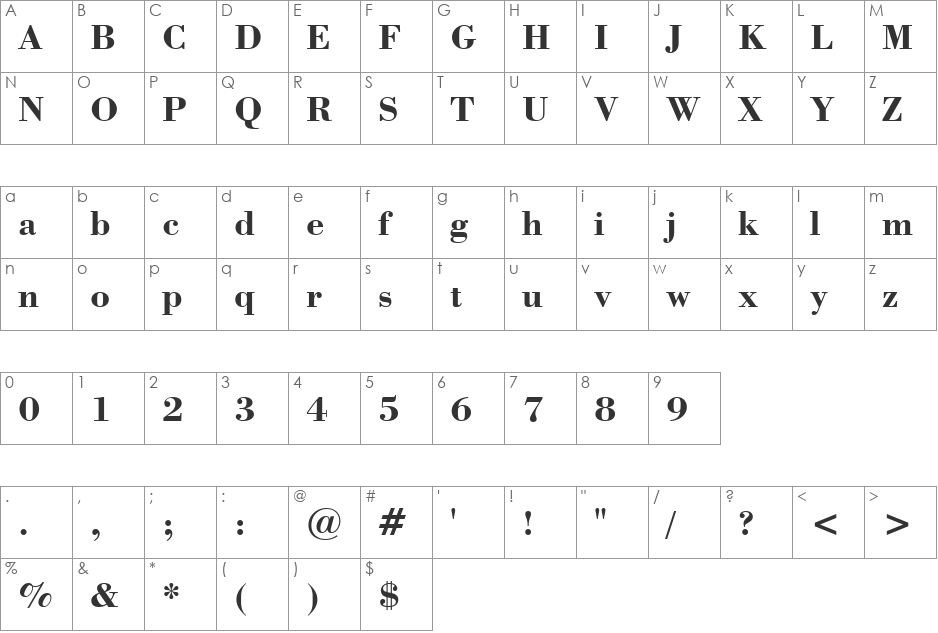 Bodoni Bd BT font character map preview
