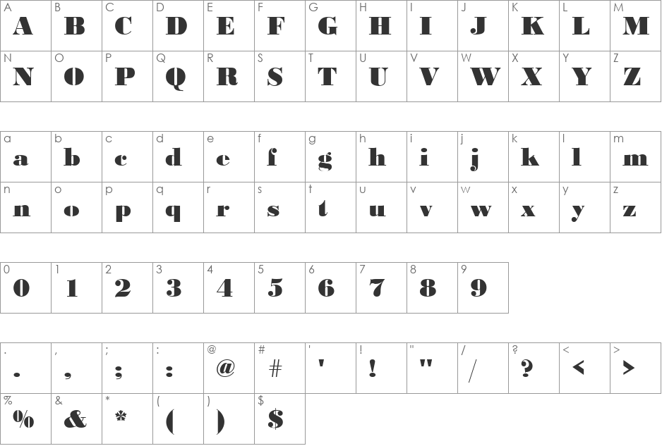 Bodoni Becker Black font character map preview