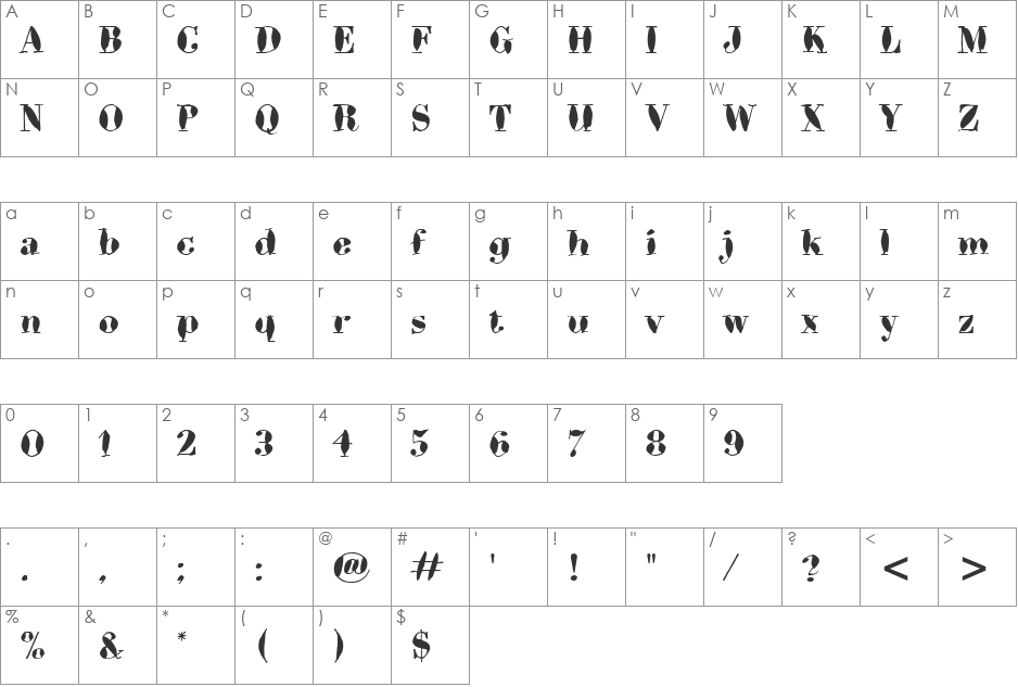 Bodoni Brush ITC TT font character map preview