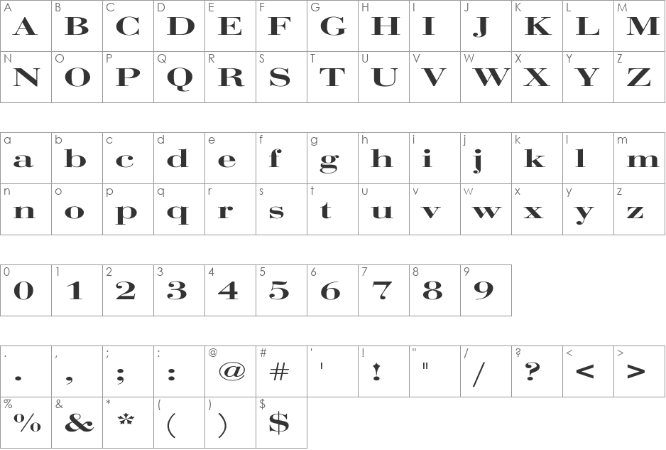 Bodoni Extended font character map preview