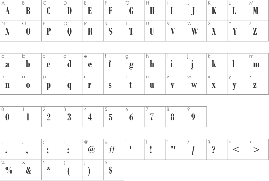 Bodoni MT Condensed font character map preview