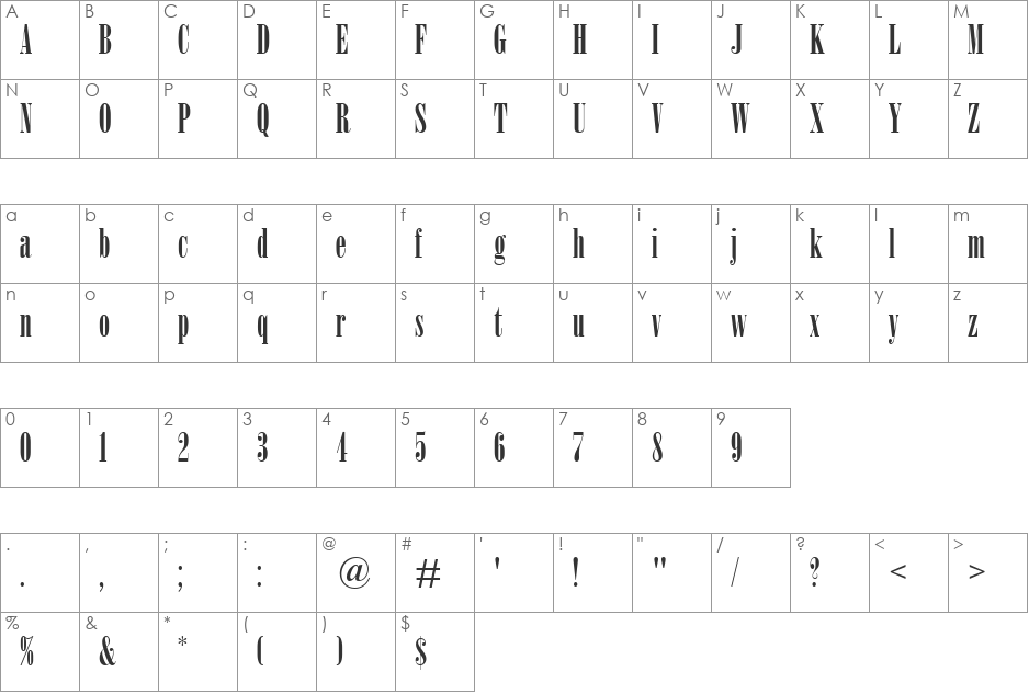 Bodoni MT Poster Compressed font character map preview