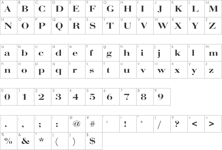 Bodoni Wide font character map preview