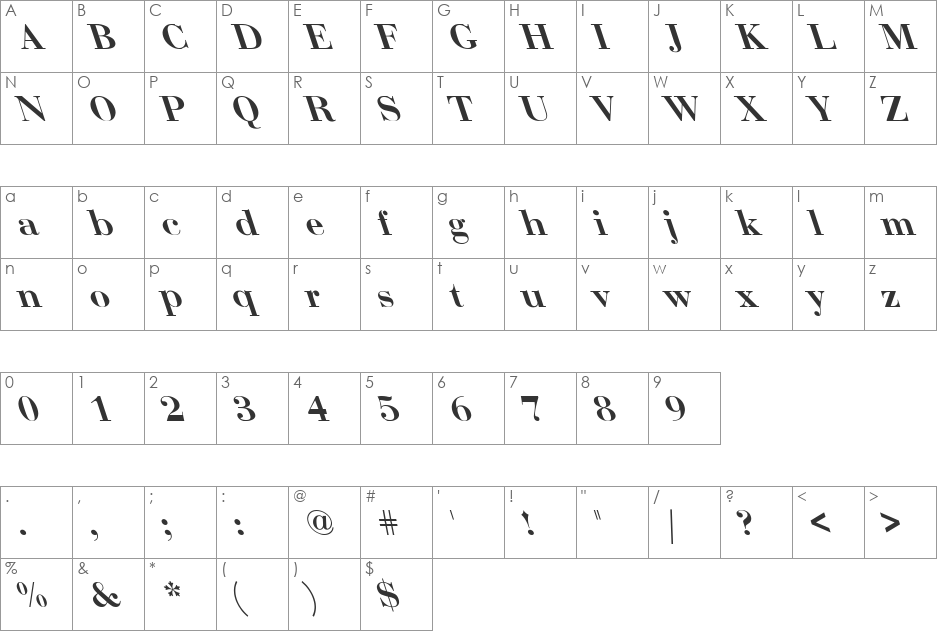 Bodoni-Bold Lefty font character map preview