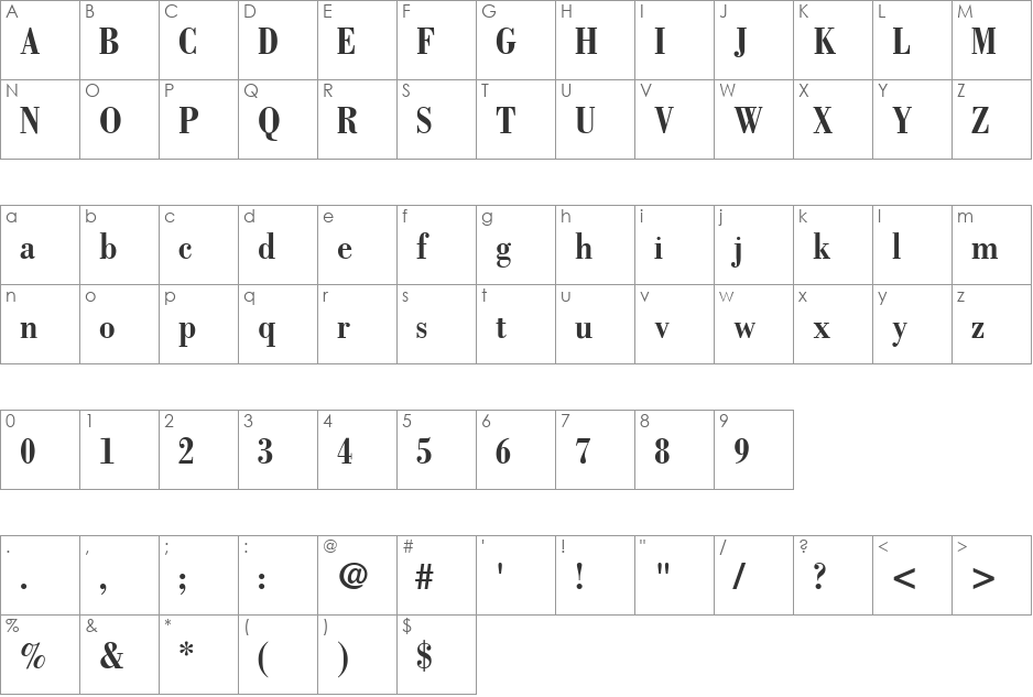 Bodoni-BoldCondensed font character map preview