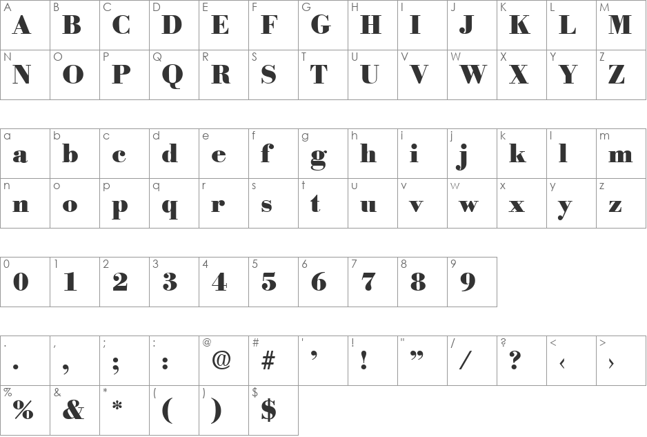 Bodoni-Serial-Heavy font character map preview