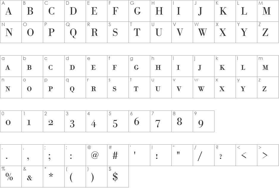 BodoniAntSCTReg font character map preview