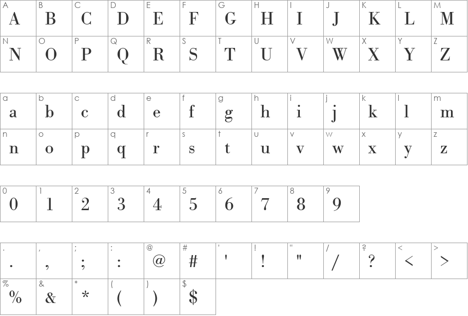 BodoniAntT font character map preview