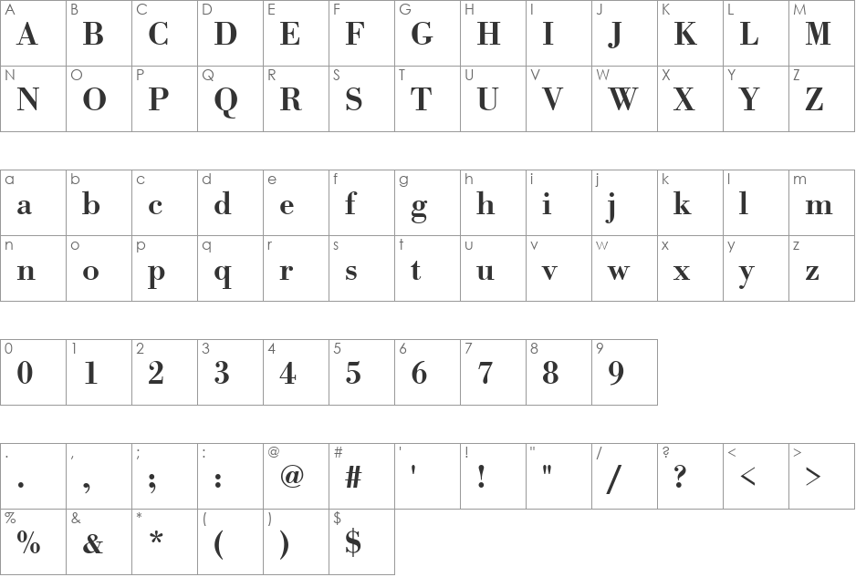 BodoniAntTDemBol font character map preview