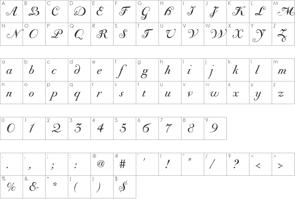 BodoniClassicChancery font character map preview