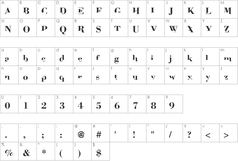 BodoniMutant font character map preview