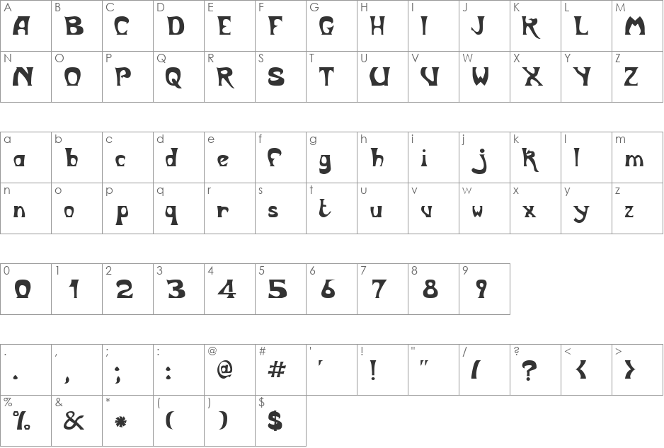 BodyShop font character map preview